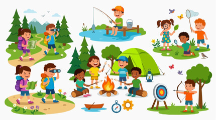 Fototapeta premium Kids enjoying outdoor summer camp activities like hiking fishing archery