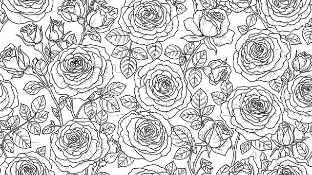 Beautiful rose garden coloring page features detailed floral pattern with blooming flowers buds and leaves for adult relaxation and artistic meditation.