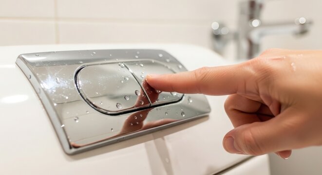 Modern bathroom flush mechanism activated with finger touching button on chrome surface. Flush mechanism features sleek design, showing water droplets on shiny finish.