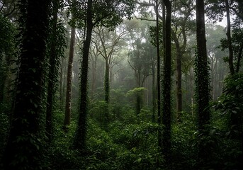 Fototapeta premium Misty Forest Scene with Tall Trees and Dense Vegetation.