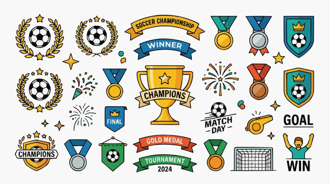 Soccer championship trophies medals awards with gold medal, silver medal