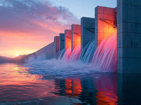 Water flows from a dam at sunset in a scenic landscape with colorful skies and reflections on the water