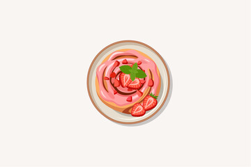 Delicious strawberry cinnamon roll with pink icing glaze garnished with fresh strawberry slices and mint leaf on a plate top view vector illustration © Akasha Design