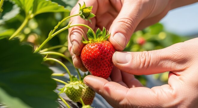 Fresh strawberries being handpicked from garden with ripe red fruit and green leaves, fresh produce harvested under sunlight. Concept of seasonal fruits for healthy eating and culinary use.