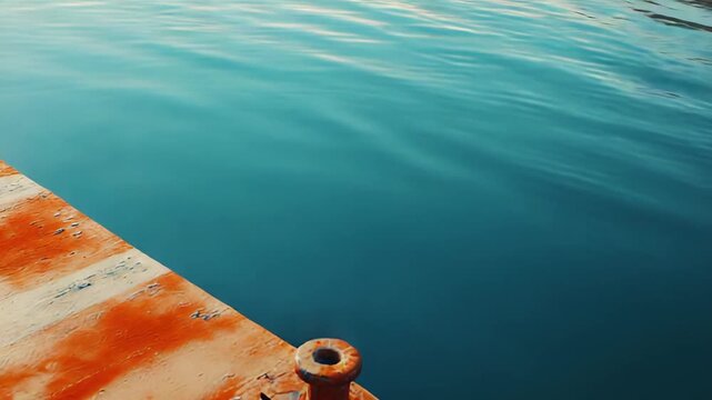 Rusting metal pier stretching into calm blue water, weathered mooring bollard in foreground, industrial, textured decay contrasts vibrant orange rust with tranquil sea reflections