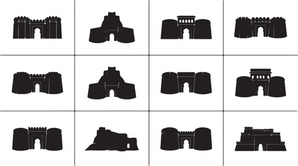 Collection of various ancient fortress and castle silhouettes representing historical architecture. © Idaryati