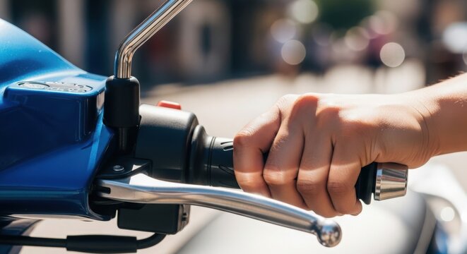 Rider gripping handlebar on motorcycle during sunny day. Close-up of hand holding throttle on blue motorcycle while preparing for ride. Concept of motorcycle adventure and freedom on open roads.