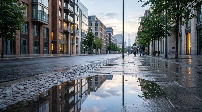 Quiet City Street After Rain on Fresh Morning