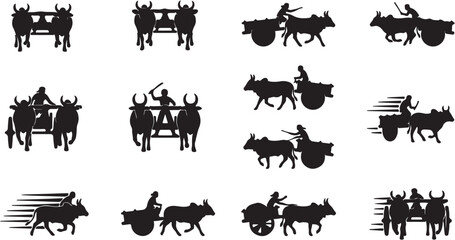 Collection of black silhouettes of bullock carts with oxen and drivers from various angles. © Idaryati