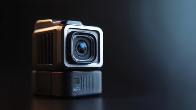 Close-up of compact action camera on dark background with dramatic lighting
