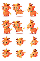 Obraz premium Cute Fire Goat Character Shy and Thinking Actions Set, Chinese Zodiac New Year Cartoon Mascot copy