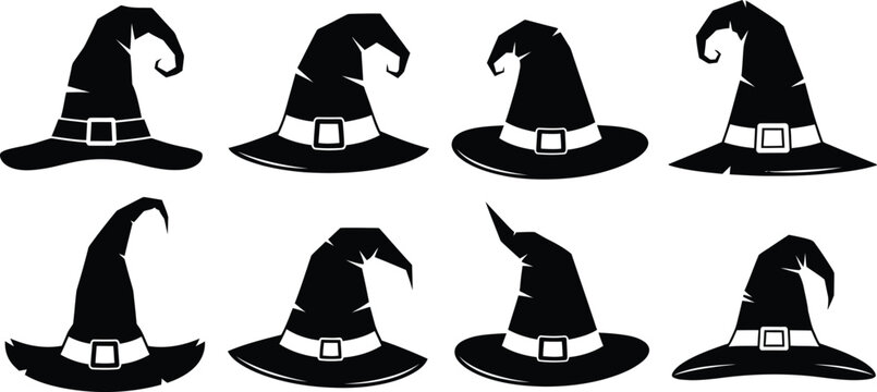 Collection of black witch hats with buckles