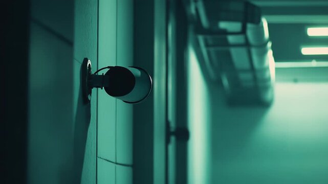 Surveillance camera with a glowing red light recording a dimly lit, empty indoor passage, symbolizing concepts of security, privacy concerns, and control in modern spaces