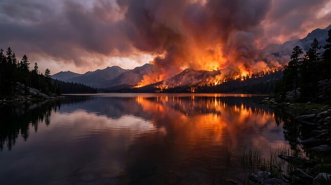 Wildfire raging on mountain slope reflected in serene lake at dusk