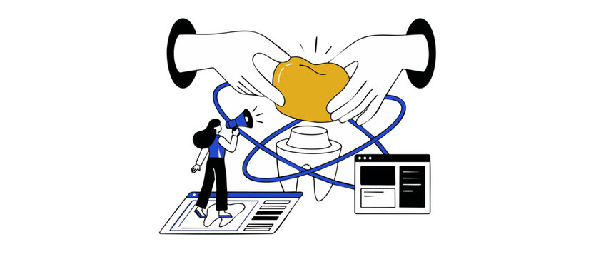 Dental crown tooth restoration concept showing hands placing gold ceramic crown on molar tooth with online marketing assistant and computer UI screens, modern dental clinic technology illustration.