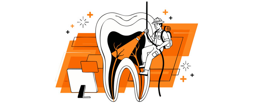 Dental care concept explorer examining giant tooth root canal structure with flashlight. Orange and black line art style illustration for modern dentistry clinics, oral hygiene education and healthcar