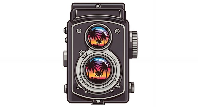 Illustration of a vintage twin lens reflex camera with sunsets.