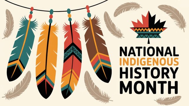 National Indigenous History Month graphic with traditional feathered decorations and a stylized maple leaf, celebrating cultural heritage.