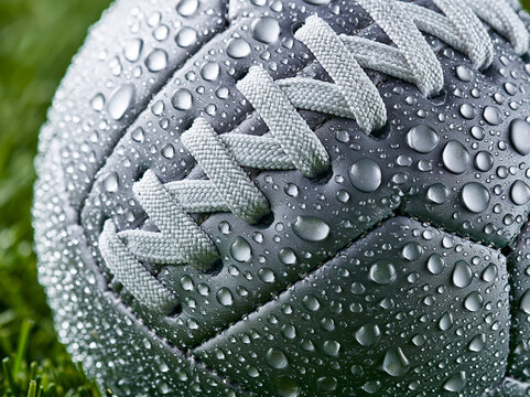 Water droplets collect on a soccer ball on grass after rain in a sports field during morning hours
