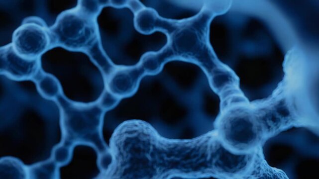 Blue microscopic molecules form a detailed interconnected network, visualizing futuristic science and technology themes like biology, quantum computing, genetics, nanotech research and medicine