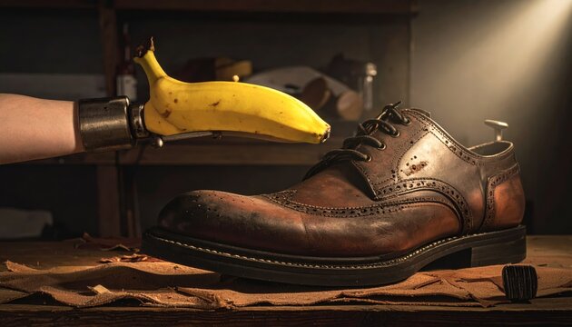 A Banana Shaped Shoehorn Assists a Large Brown Leather Shoe with Laces