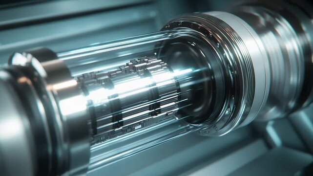 Advanced technology concept illustrating a sophisticated device processing energy, featuring glowing blue light within a transparent containment unit in a high tech setting