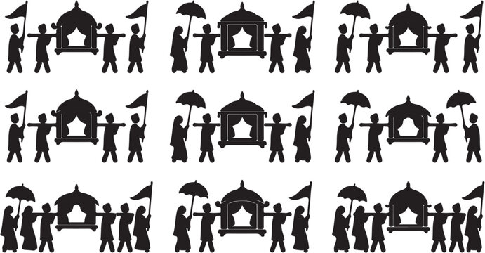 Silhouettes of traditional palanquin bearers in a repeating pattern.