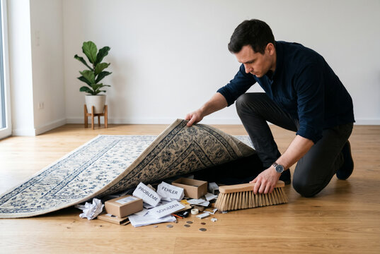 Ein Mann kehrt Probleme unter den Teppich, Redewendung &bdquo;etwas unter den Teppich kehren&ldquo;