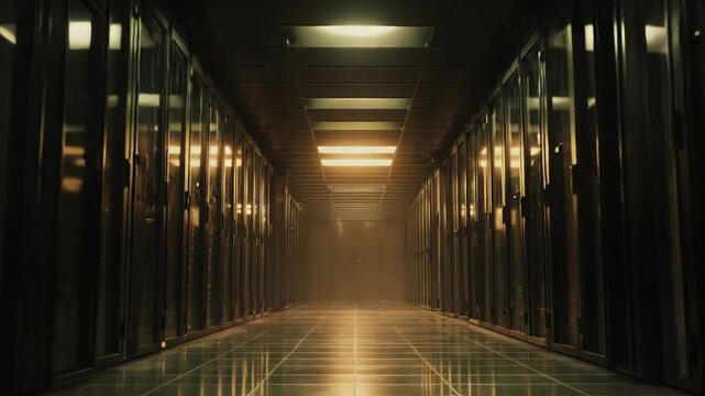Dimly lit futuristic data center corridor with rows of glowing server racks, showcasing high tech it infrastructure, networking, storage and powerful computing systems