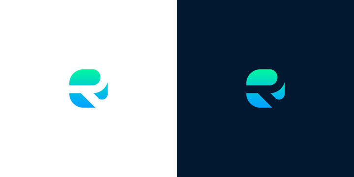 Modern digital logo design with a sleek gradient letter R on white and dark backgrounds