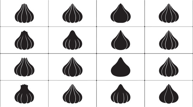 Variations of traditional Indian modak sweet dumplings in black silhouette form arranged in a grid.