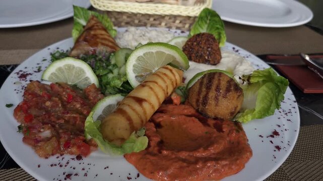 Middle Eastern appetizer platter with hummus, baba ghanoush and traditional mezze selection