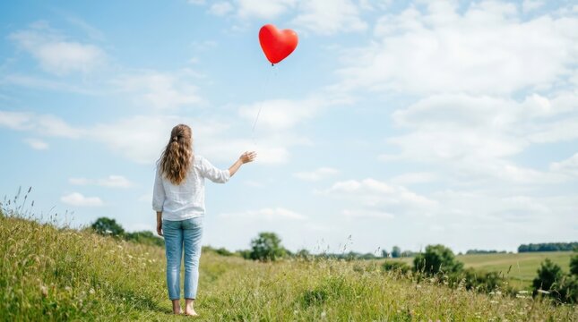 Woman releasing red heart balloon into blue sky over green field. Joyful woman stands in nature, letting go of heart balloon, symbolizing love and freedom. Concept of love, celebration, and happiness.