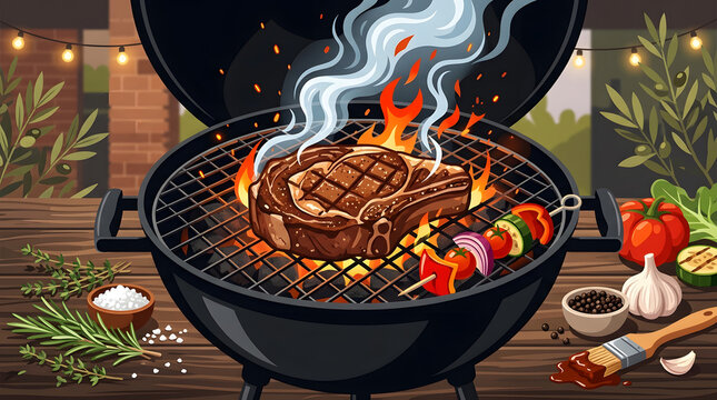 Barbecue grill with sizzling steak, veggie kebab, and fresh herbs, flat vector illustration for restaurant menu or advertising.