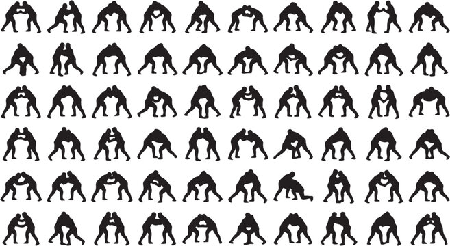Collection of black silhouettes depicting various wrestling and grappling poses in a grid pattern.