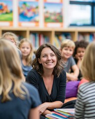 Obraz premium Educator leading kids in a lively schoollibrary space focus on expressions around stacked books blurred posters and cozy mats enhance the candid lightfilled atmosphere.