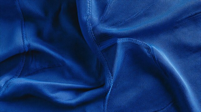Close up view of blue nylon sportswear fabric with flatlock and overlock stitch seams, athletic apparel textile texture for activewear clothing manufacturing and fashion design concepts