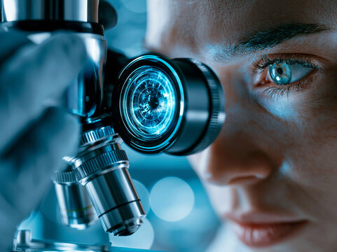Scientist looks through microscope in laboratory during research process in modern facility with advanced technology and equipment