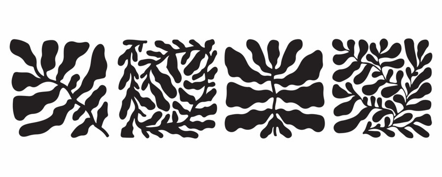 Set of four black organic leaf shapes in square frames minimalist abstract nature elements.