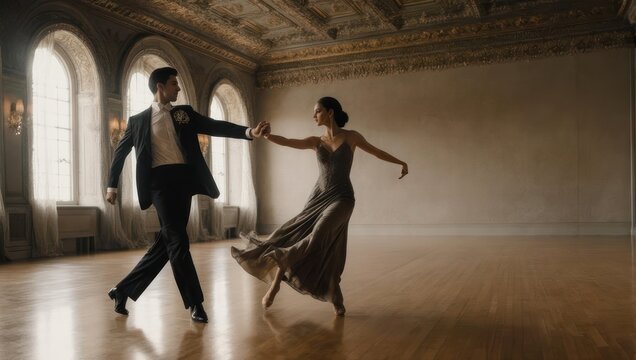 Elegant ballroom dance - A couple gracefully waltzes in a grand hall.