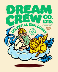 Fototapeta premium Celestial explorers vintage streetwear design. Old man with green beard and winged lion on cloud. Retro dream crew apparel graphic illustration.