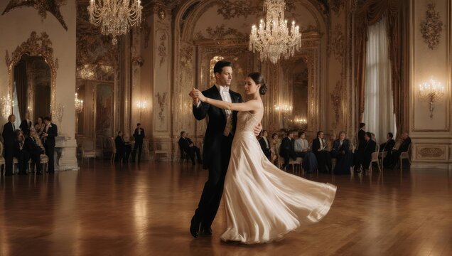Elegant Couple Dancing in a Grand Ballroom.