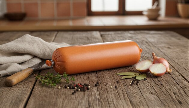 Poultry sausage on rustic table with fresh herbs