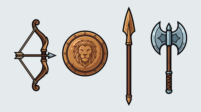 Medieval weapons set with bow shield spear and axe.