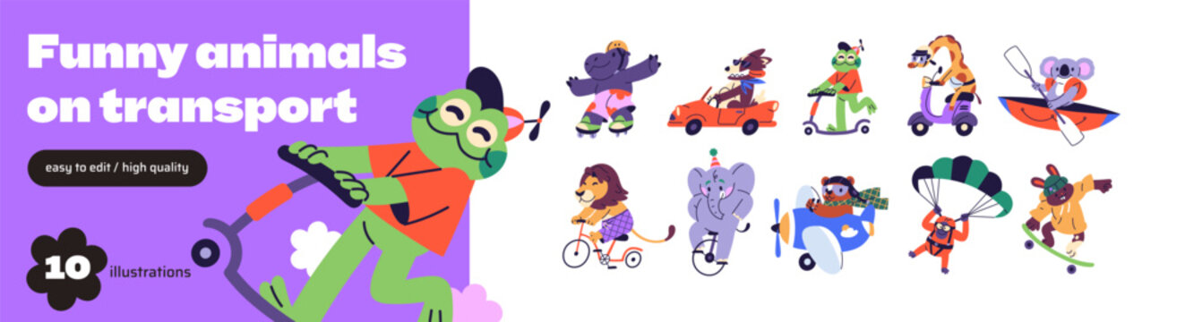 Funny animals on different transport set. Cute characters ride a scooter, skateboard, bicycle, drive a car, moped, float on boat, fly on plane and skydive. Flat isolated vector illustrations on white.