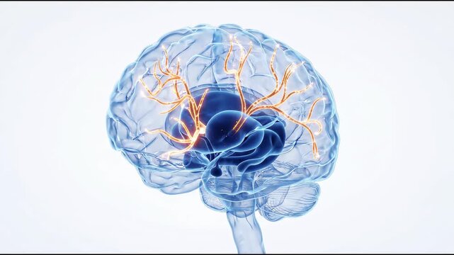 Neural network activity glowing inside a translucent human brain