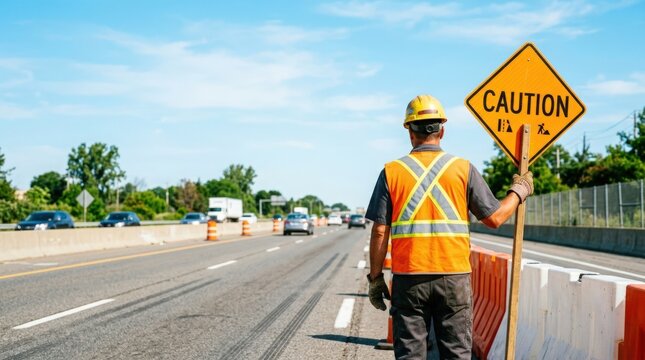 Construction worker holding caution sign on highway directing traffic flow and ensuring safety. Safety is paramount as vehicles pass construction site with caution sign in foreground.
