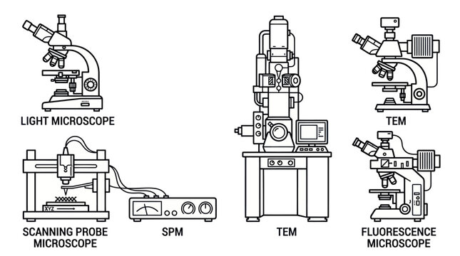 Professional laboratory microscope equipment line icon set.