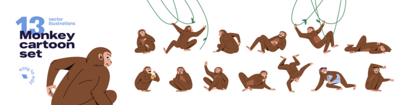 Funny monkey set. Primate with different emotions. Happy, angry, shocked and scared chimpanzee. Animal character sleeps, has fun and rest. Flat isolated vector illustrations on white background.