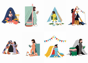 Illustrations of young girls in pajamas reading books and playing in cozy homemade forts, teepees, and blanket tents in a cute flat style. © Akira